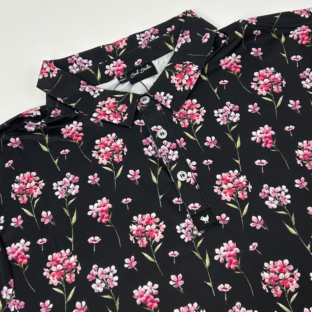 Bad Birdie Golf Arcadia Shirt Men's XL Black Floral Print‎ Short Sleeve Polo NEW